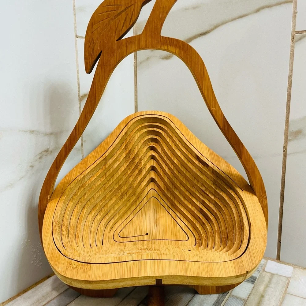 Collapsible genuine bamboo pear folding spiral fruit basket or trivet vintage